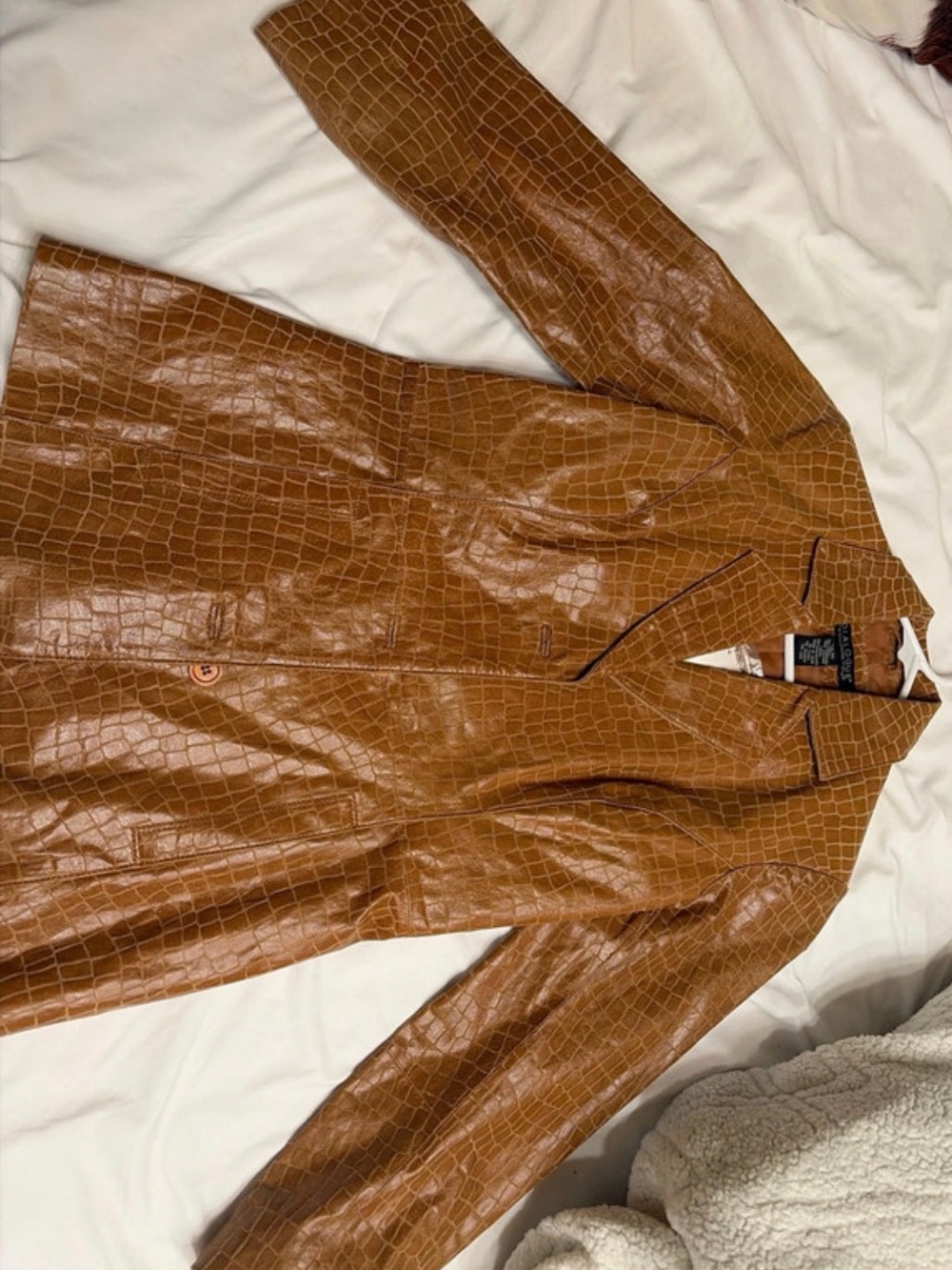 Dialogue Cognac Croc-Embossed Faux Leather Long Coat